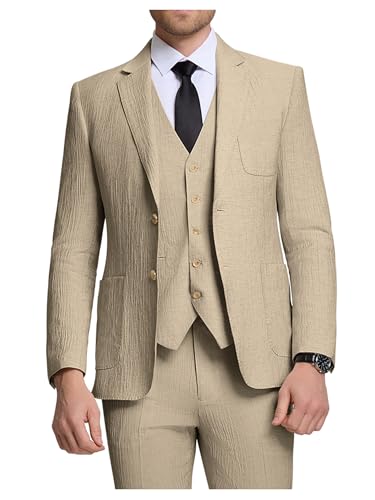 Mens Suits 3 Piece Slim Fit Suit Casual Suits Set for Men Lightweight Suit Blazer Vest Pants for Summer Wedding