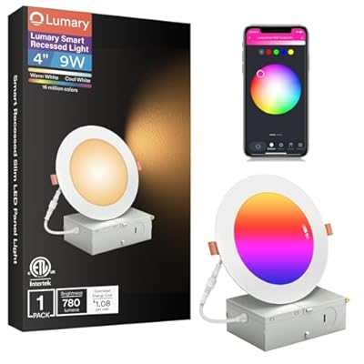 Lumary Smart Recessed Lighting 4 Inch, Color Changing LED Downlight 9W 780LM, Wi-Fi Bluetooth Soffit Lights with J-Box, Compatible with Alexa/Google Assistant/BT Remote, ETL Listed, 1 Pack