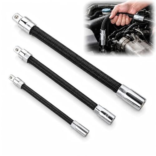 Flexible Socket Extension 3PCS Steel Flexible Bar Set 1/4 3/8 1/2 Drive Bendable Socket Rod 360 High Torque Spring Steel Universal Extension Rod Flexible Wrench Extender (Black)