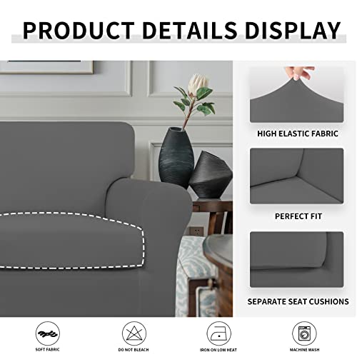 Easy-Going 2 Pieces Microfiber Stretch Chair Slipcover – Spandex Soft Fitted Sofa Couch Cover Washable Furniture Protector With Elastic Bottom Kids Pet Grey #TOP3
