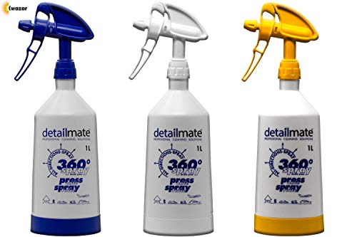 detailmate Set Made by Kwazar 3 Mercury Super PRO+ 360 Grad VITON Sprühflasche, Double Action Trigger. durchsichtige Skala, Standfuß, 1 Liter Weißwurst