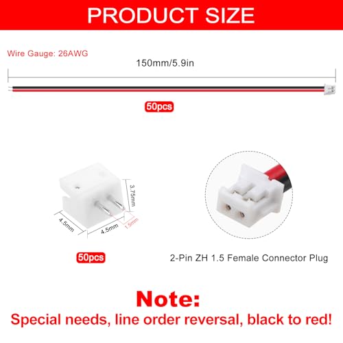 Lyeteung 50 Sets Mini Micro JST 1.5 ZH 2 Pin Connector Plug Male with 150mm 26AWG Cable & Female Connector (Black Red) - Image 2