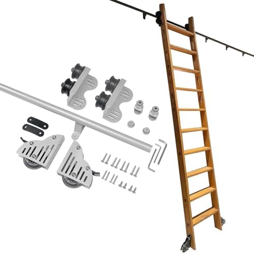 Heavy Duty Library Rolling Ladder Mounting Kit - 19.7ft Sliding Rail Hardware with Retractable Upper Roller & Brake Floor Wheels, Silver Finish, No Ladders Needed