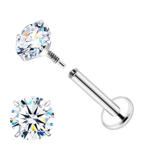 16G 18G Moissanite Earrings D Color VVS1 Clarity, G23 Titanium Internal Thread Flat Back Earrings, Silver Black Piercing Jewelry for Tragus Helix Conch Cartilage, Hypoallergenic Nose Stud for Women Men