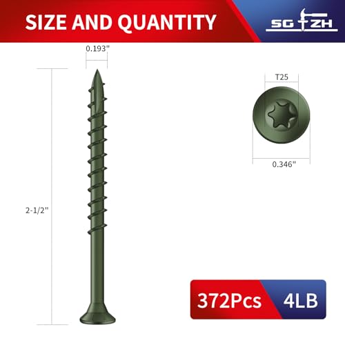 Image of #9 x 2-1 /2 inch Deck Screws (372Pcs) 4lb. Exterior Wood Screws. Carbon Steel, Green, Flat Head, Rust Resistant epoxy Coated, with T25 Star Bit