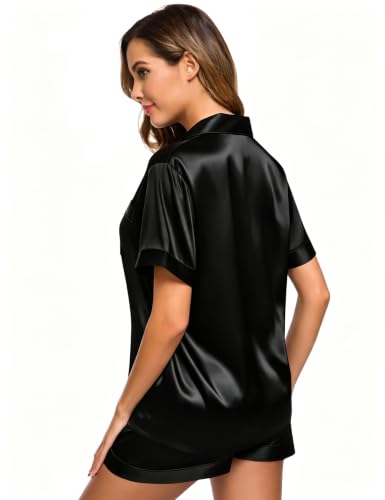 Image of SWOMOG Womens Silk Satin Pajamas Set Short Sleeve Sleepwear Button Down Top and Shorts Loungewear 2 Piece Pjs Set XS-3XL