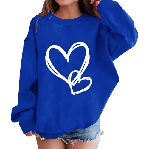 Girls Fall Sweatshirts Crewneck Oversized Graphic Long Sleeve Pullover Tops Preppy Heart Print Cute Loose Clothes