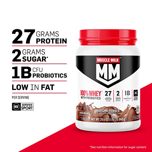 Image of Muscle Milk 100% Whey With Probiotics Protein Powder, Chocolate, 1.85 Pound, 23 Servings, 27g Protein, 2g Sugar, 1B CFU Probiotics, Low in Fat, NSF Certified for Sport, Packaging May Vary