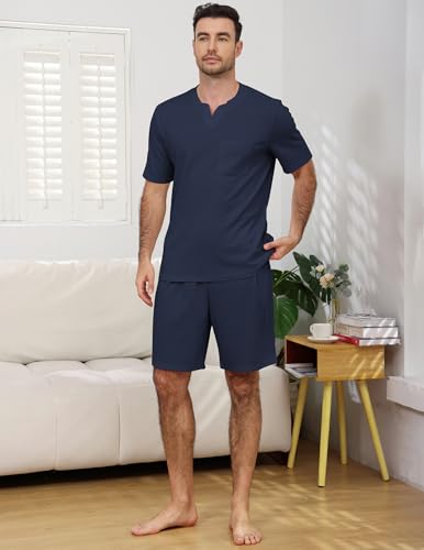 Image of JiniGolla Mens Pajamas Set Soft Short Sleeve Top and Pant Loungewear Sets 2 Piece Pjs with Pockets