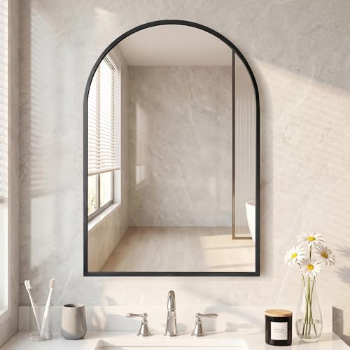 Image of NEWBULIG 24 inchx36 inch Arched Wall Mirror, Bathroom Mirrors for Over Sink, Black | Matte Metal Framed Vanity Mirror with Tempered Glass, Entryway, Living Room, Bedroom