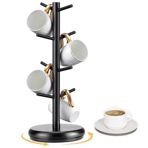 Niciksty Soporte Tazas, Soporte Giratorio de 360° para Tazas de Café con 8 Ganchos, Organizador de Tazas de Cafe de Bambú en Forma de Tazas para Tazas de Café para Estación de Café Organizador