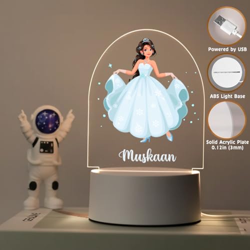 Image of SNAPTRAP LED Name Light Customized for Girls | Personalized Princess Acrylic Night Lamp with Custom Name | Fairy, Ballerina & Royal Dress Designs | USB Nursery Night Light Gift (Ice Blue)