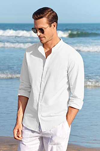 Makkrom Men Linen Shirt Button Down Long Sleeve Cotton Beach Band Collar Casual Summer Shirts4