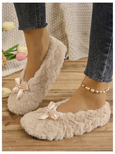 OYOANGLE Women's Bow Furry House Slipper Socks Closed Toe Non-Slip Fuzzy Warm Slippers4