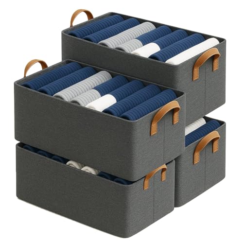 Image of Storage Box and Organiser for Clothes | Cloth Organizer for Storage | Clothes Wardrobe Organizer for Storage | Fits in Small Closet & Room Corner | Pack of 4, Grey