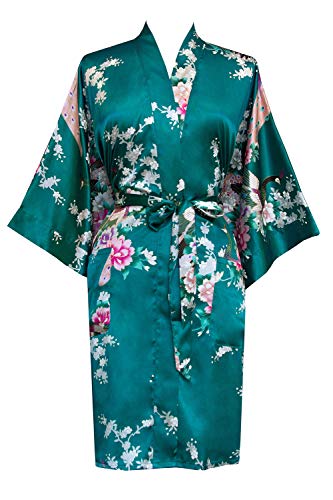 OLDSHANGHAI Women's Satin Kimono Robe Short - Peacock & Blossoms - Peacock (Blue)
