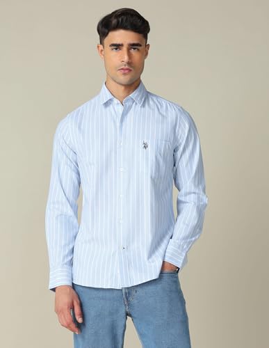 Image of U.S. Polo ASSN. Striped Regular Fit Shirt for Men - 100% Cotton, Breathable & Comfortable, Full Sleeves Casual Shirt for Men