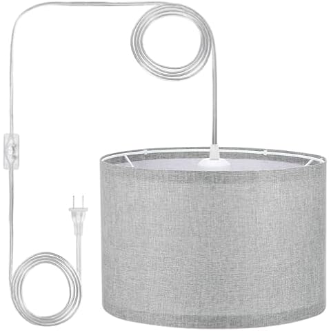 PATIKIL Plug in Pendant Light, 15Ft Rope Cord Hanging Lamp Fixture with ON/Off Switch, Fabric Shade E26/E27 Bulb Socket for Bedroom Kitchen Living Room, Dark Gray Cover