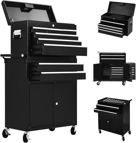 8-Drawer Rolling Tool Chest with Wheels, 2-in-1 Detachable Tool Box Cabinet, Steel Tool Cart Organizer with Portable Top Chest, Lockable Drawers and Casters for Garage, Workshop, Shop, Black