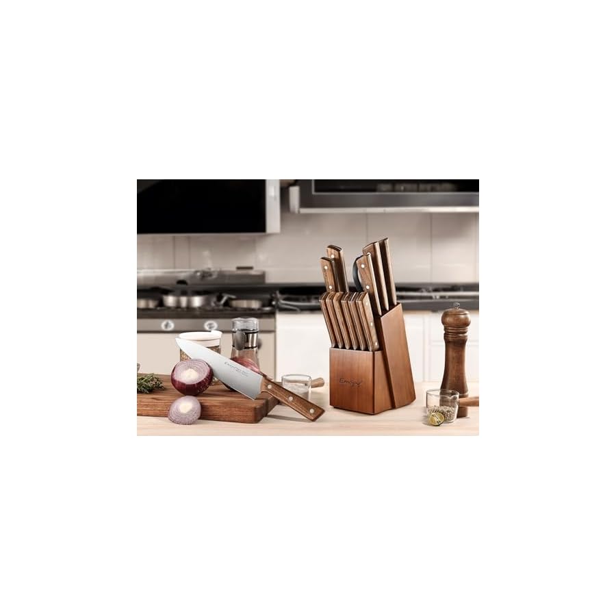 Emojoy-Knife-Set-15-Piece-Kitchen-Knife-Set-with-Block-Wooden-Kitchen-Knives-Sharpener-and-Scissors-German-Stainless-Steel-Brown Emojoy Knife Set, 15-Piece Kitchen Knife Set with Block Wooden, Kitchen Knives Sharpener and Scissors German Stainless Steel (Brown)