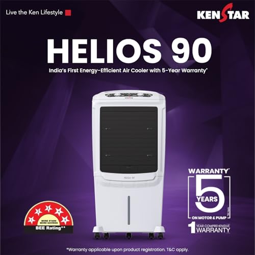 Image of Kenstar Helios HC 90 Desert Air Cooler 90L|5 Star BEE Rated|5 Year Motor & Pump Warranty |50 ft Air Throw I Honeycomb Cooling|3-Speed | Water Level Indicator | Collapsible Louvers I Off White & Black