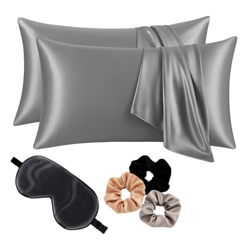 Image of Premium Satin Pillowcase Set of 2 with Eye Mask & 3 Scrunchies | Silky Soft, Anti-Frizz, Skin & Hair Care Sleep Set | Luxury Gift Combo for Women & Girls (Gray)
