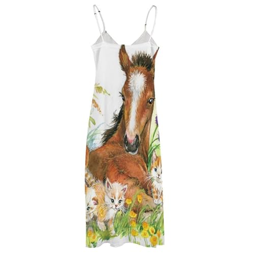 Robe Longue d'Été Fluide sans Manches Chat Blanc et Cheval