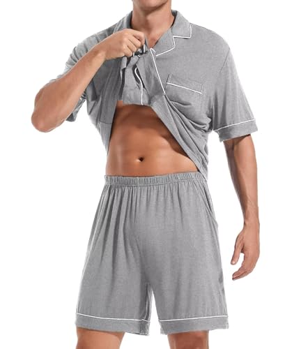 Men Pajamas Set Short Sleeve Sleepwear Button Down Loungewear 2 PCS Modal Sets with Pockets3