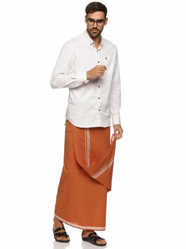 desi fusions Handmade cotton Kavi saffron color Single White Border Temple Mundu/Dhoti/Veshti for men – Blockchain Verified & NFC Enabled, with 1-Year Integrity Guarantee-picture-23