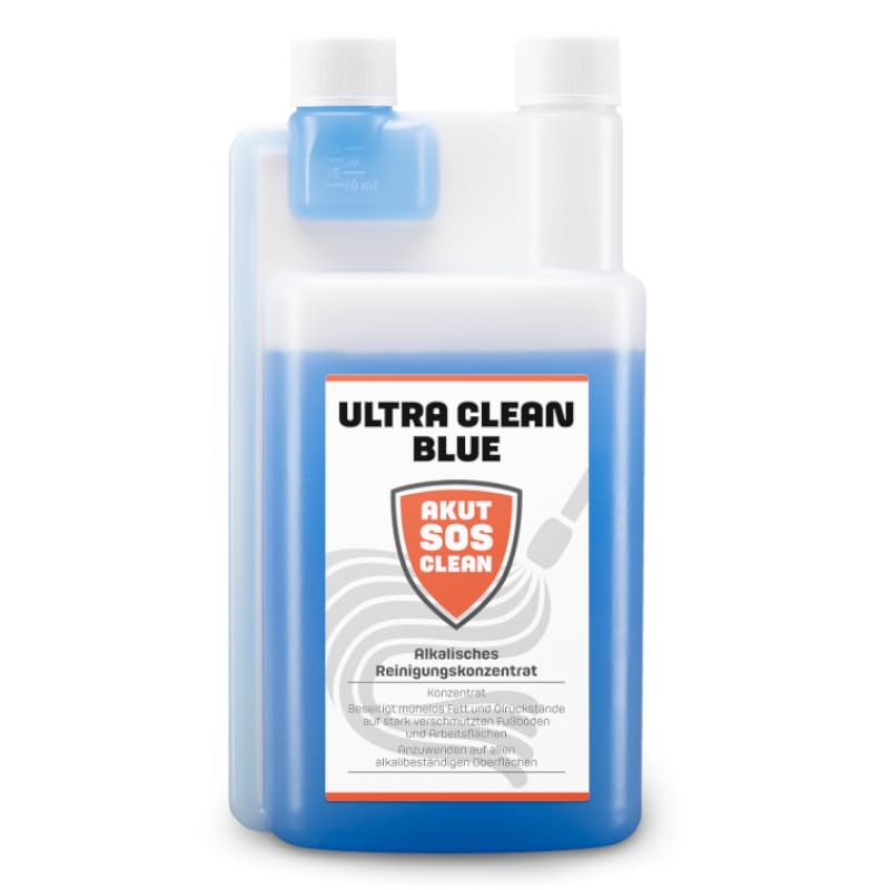 Akut SOS Clean ULTRA CLEAN BLUE Alkalisches Reinigungs Konzentrat - Beseitigt mühelos Fett & Öl auf stark verschmutzten Fußböden - Alkalischer Bodenreiniger - Kraftreiniger