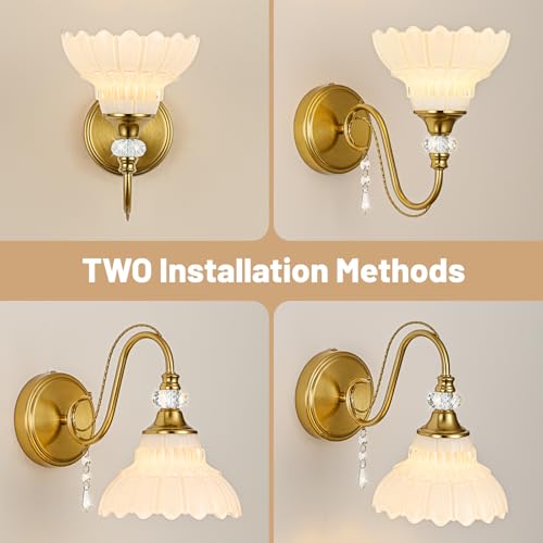Image of 1 Piece Vintage Wall Sconce, 1-Light Brushed Gold Finish Wall Sconce with Hanging Crystal Accents and Flower-Shaped White Shades for Bathroom Bedroom Living Room,Vintage Vanity Light