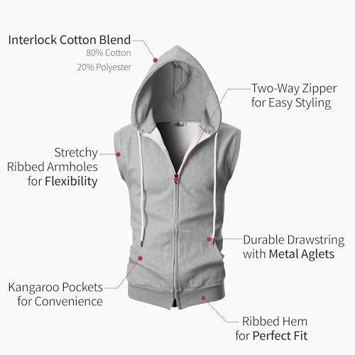 Image of Ohoo Mens Slim Fit Sleeveless Lightweight Zip Up Hooded Sweatshirt Vest Hoodie
