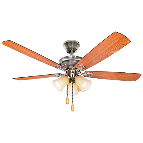 Hykolity 52 Inch LED Indoor Brushed Nickel Ceiling Fan with Light Kit, Lifetime Motro Warranty, Reversible Blades, ETL Listed for Living room, Bedroom, Basement, Kitchen, Garage