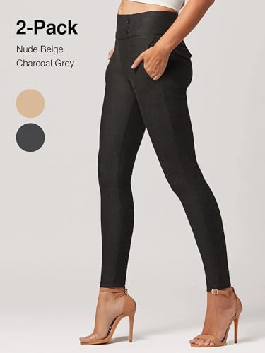 Conceited 2-Pack Stretch Slacks for Women - Wear to Work - Slim Leg Dress Pants with Pockets - Khaki, Charcoal - (Large)3