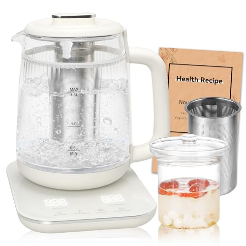 Double-Layer Electric Kettle1.5L with Stew Pot Glass Health Pot 9-in-1 Glass Tea Maker Programmable Touch Panel Stainless Steel Base for Soup Porridge Herbal Tea