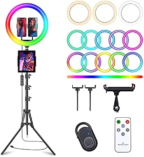 Herrfilk Lampa pierścieniowa 13 cali ze statywem, stojak na telefon komórkowy i tablet, 3000-6000 K, 12 jasności, tryby muzyki, 48 trybów światła RGB, lampa pierścieniowa LED ze statywem do selfie,