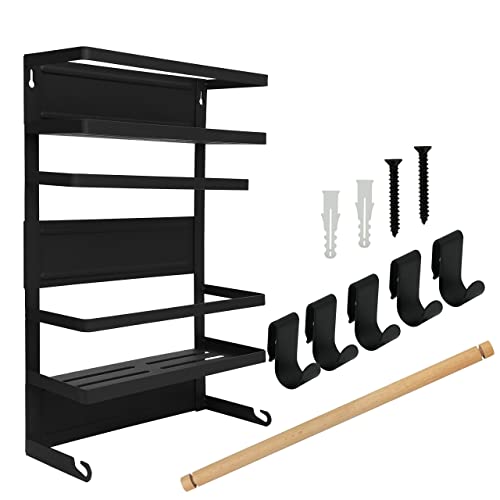 ABOUT SPACE Fridge Magnetic Rack- Steel Wall Mount Spice Rack Heavy Duty Multipurpose Double Layer Side Hanger Shelf Storage Organizer with Paper Towel Holder with 5 Hooks - Black