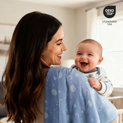 Image of GLLQUEN BABY Muslin Swaddle Blankets Breathable Receiving Blankets (35 inch x 40 inch) 2-Pack Soft Baby Blankets for Girls and Boys Newborn Essentials Muslin Burp Cloths Swaddle Wrap Baby Gift(Astronaut)