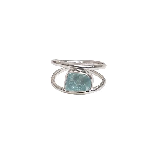 Miniatura 1 de Raw Aquamarine Ring Healing Crystal Uncut Gemstone Ring 925 Sterling Silver Designer Hammered Double Band Handmade Ring For Women Gift For Nature
