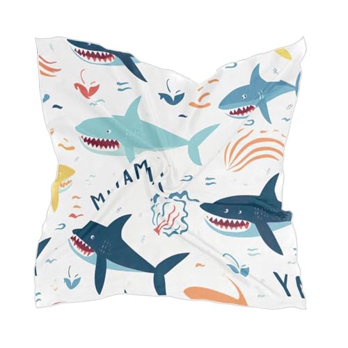 Cute Sharks Silk Like Head Scarf for Women,Soft Fashion Neck Scarf Square Satin Head Scarf 23.6 Inches
