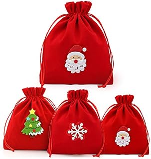 Miwoie Christmas Hessian Bags 4pcs, Xmas Burlap Jute Gift Bag, Christmas Goodie Treat Bags