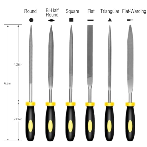 Uaorexplo Mini Hand Files, 6pcs, Total 6.3in, Strength Alloy Steel Needle File Set, Small Metal File Tools for Detailed Tasks, Includes Round, Bi-Half Round, Flat, Square, Flat Warding, Triangular