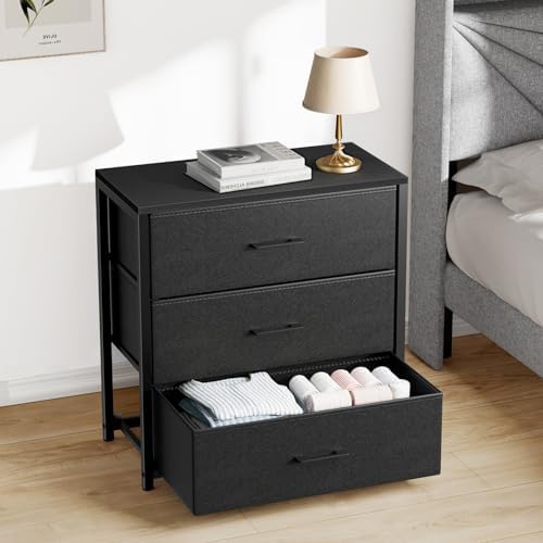 Memobarco Nightstand with 3 Fabric Drawers, Storage Dresser,Black