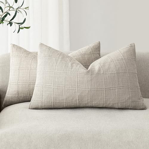 Image of Foindtower Set of 2 Decorative Linen Check Throw Pillow Covers Neutral Farmhouse Lumbar Cushion Covers Modern Coastal Boho Home Decor for Sofa Chair Couch Bedroom Living Room,12x20 Inch,Light Grey