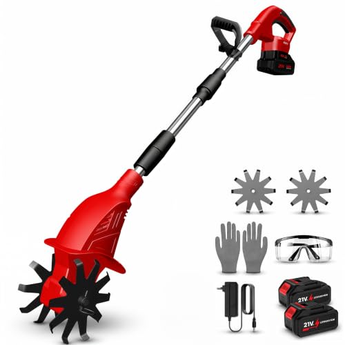 Motoazada Bateria 500 W, Motoazada Electrica con 2 Baterías 3000 mAh, Ancho de Trabajo 25 cm, Profundidad Máxima de Labranza 15 cm,Motocultor para Mullir la Tierra de Jardines y Huertos