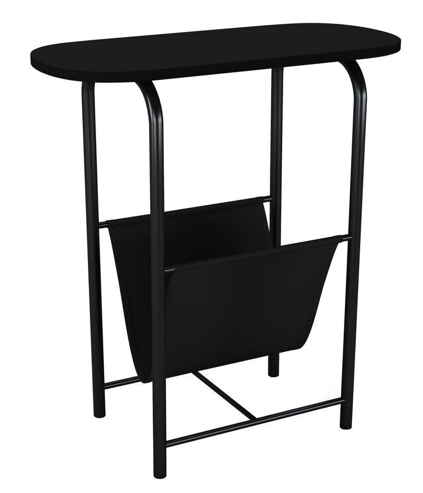 URBNLIVING Slim Oval Side End Table with Magazine Holder Sling Rack for Coffee, Snacks, and Newspapers - Modern Wooden Top & Metal Frame - Perfect for Living Room, Lounge, Kitchen, or Bedroom