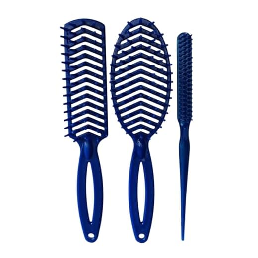 Kit de Escovas para Cabelo, 3 Peças em Azul, Escova Reta 22,5 cm, Escova Oval e Escova Três Fileiras, Plástico Polipropileno