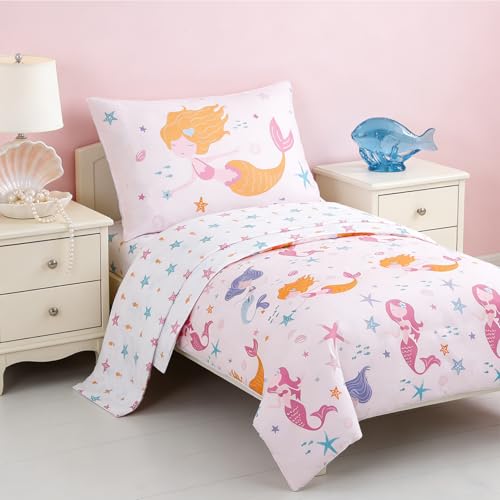Image of PERFEMET Toddler Bedding Sets Girls 4 Pieces Pink Mermaid Toddler Bed in A Bag Soft Reversible Blush Toddler Bed Set Include Comforter, Flat Sheet, Fitted Sheet, Pillowcase