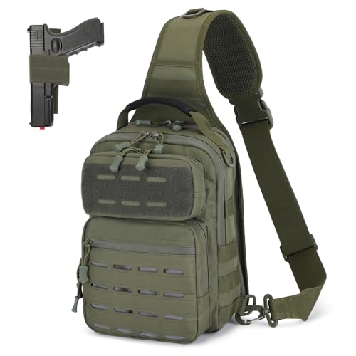 HUNTVP Sling Bag for Men Concealed Carry Bag Tactical Sling Bag Crossbody Molle CCW Chest Pack Backpack EDC Military Shoulder Bag with Holster & Accessory Slots, Army Green