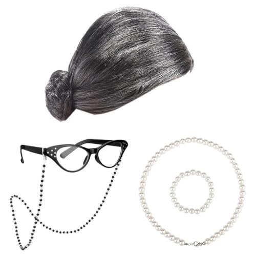 Disfraz de abuela infantil con peluca de anciana gris y gafas para fiesta escolar